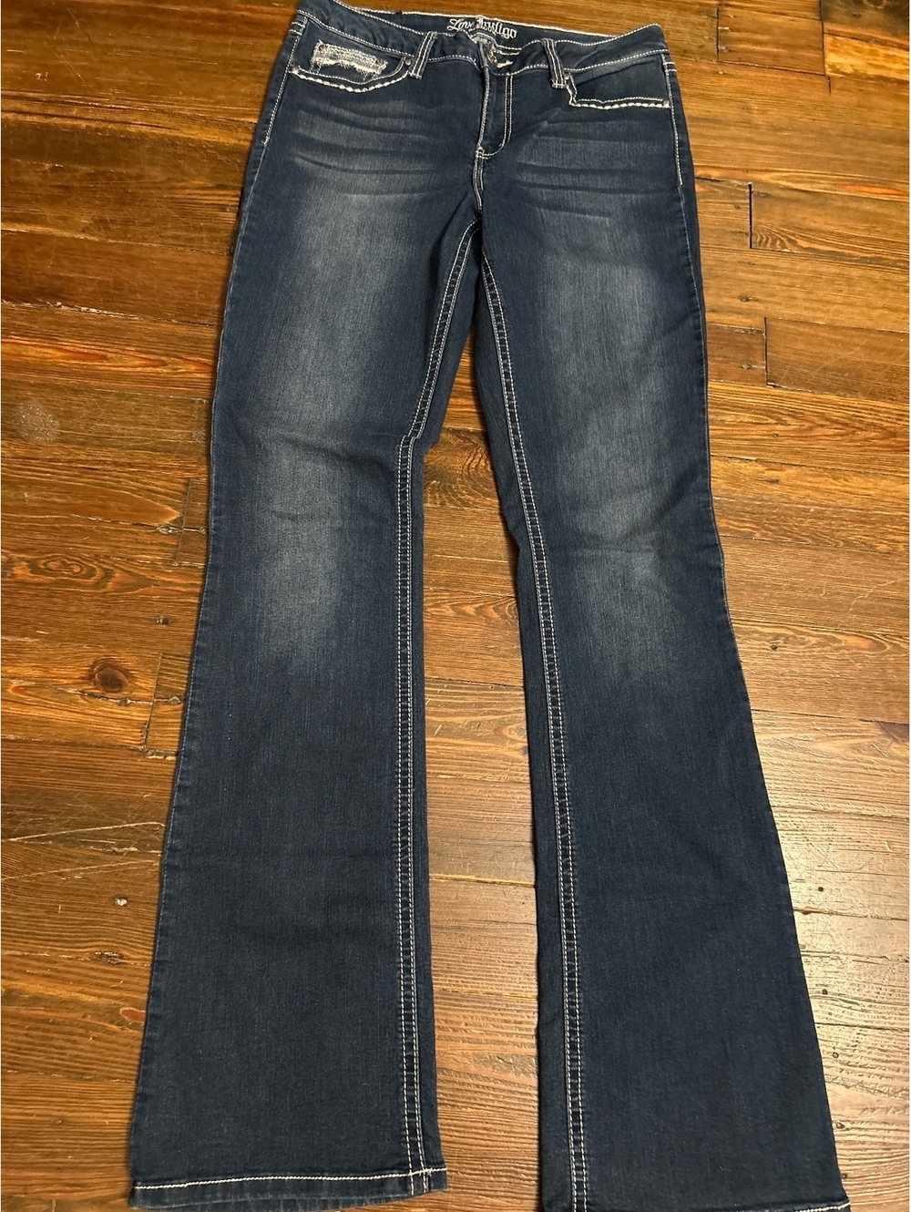 Love Indigo Premium Dark Wash Bootcut Jeans with Embroidered Pockets
